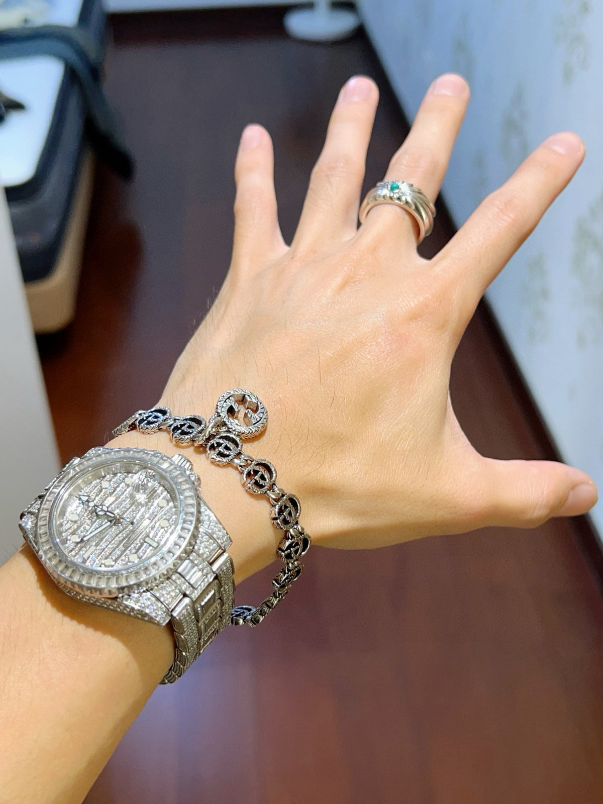 Geometric Emblem Bracelet in Polished Metal-Tone – Design 115 detail view
