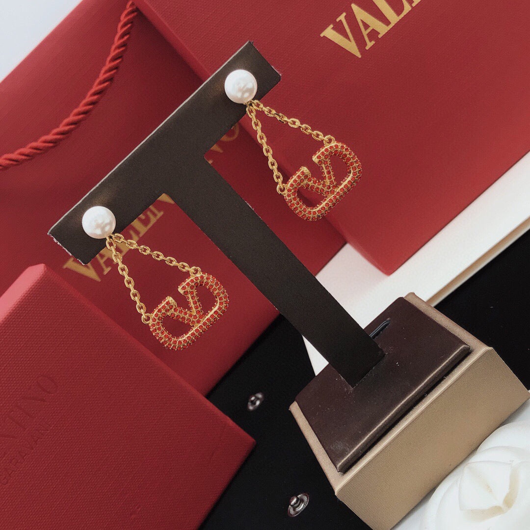 Signature Emblem Crystal-Accent Stud Earrings – Red – Design 02 front view