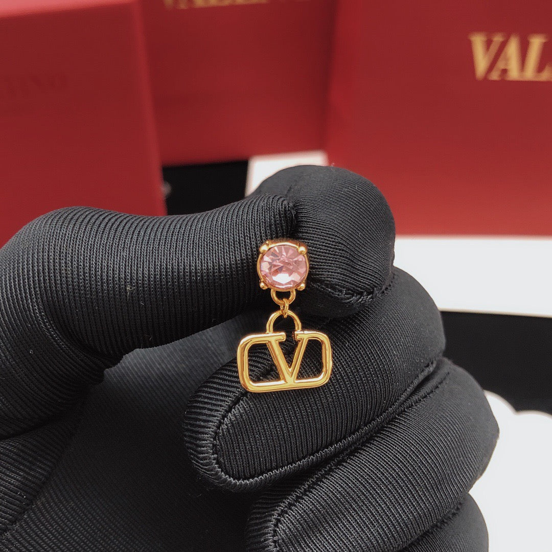 V Emblem Crystal-Accent Stud Earrings – Pink – Design 02 front view