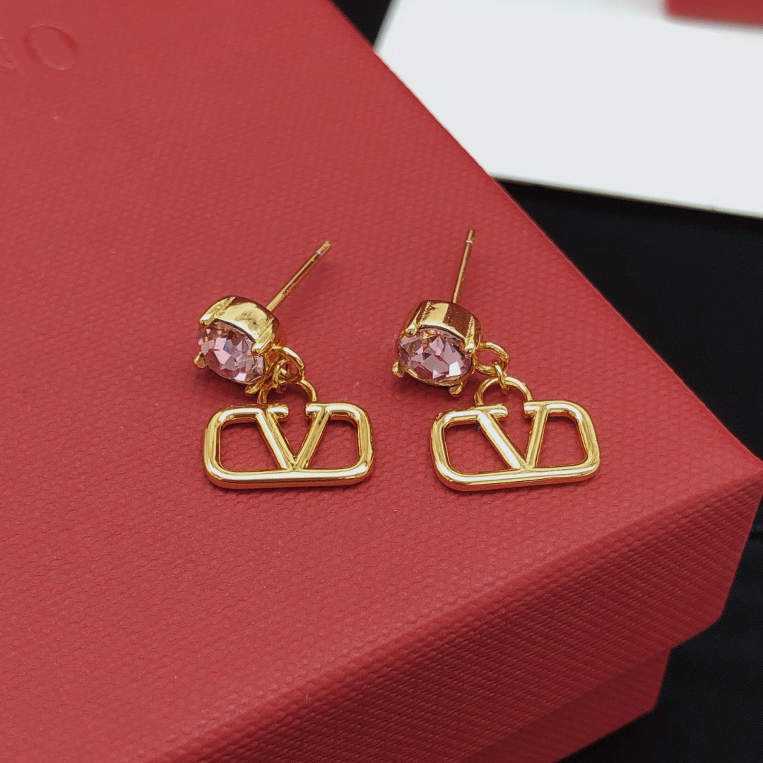 V Emblem Crystal-Accent Stud Earrings – Pink – Design 02 close-up view