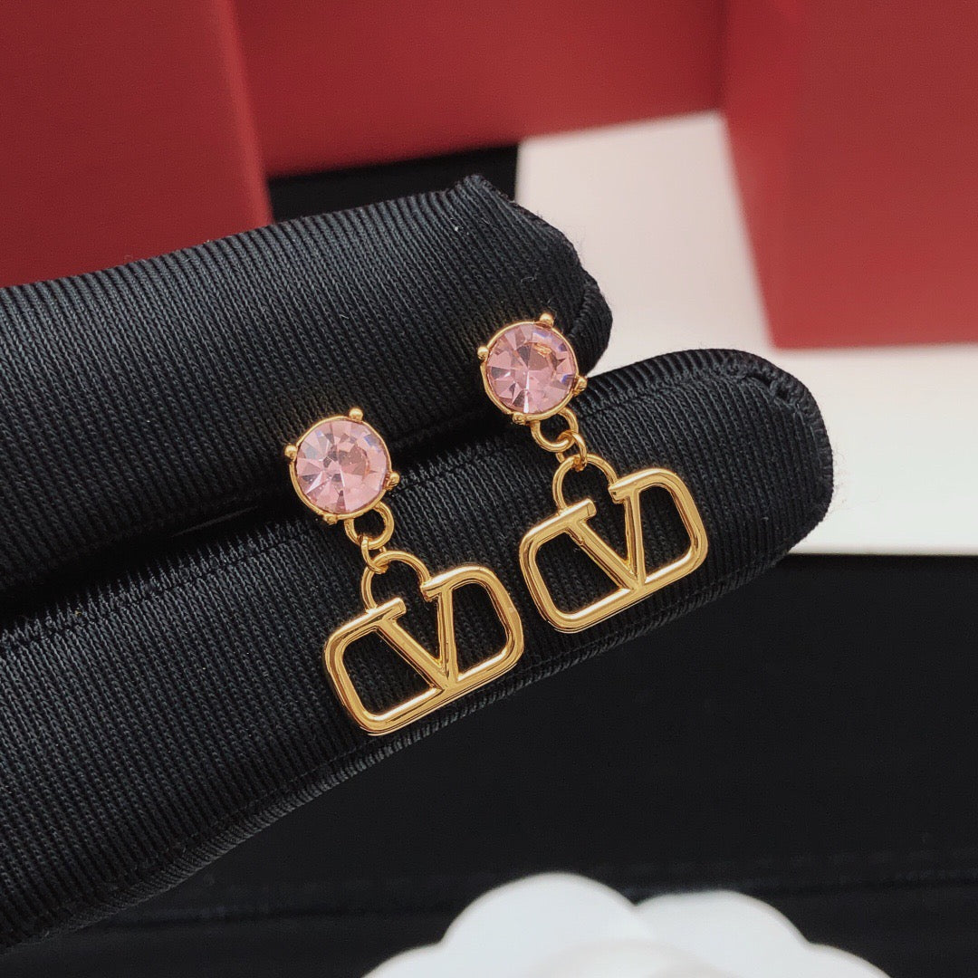 V Emblem Crystal-Accent Stud Earrings – Pink – Design 02 main product view