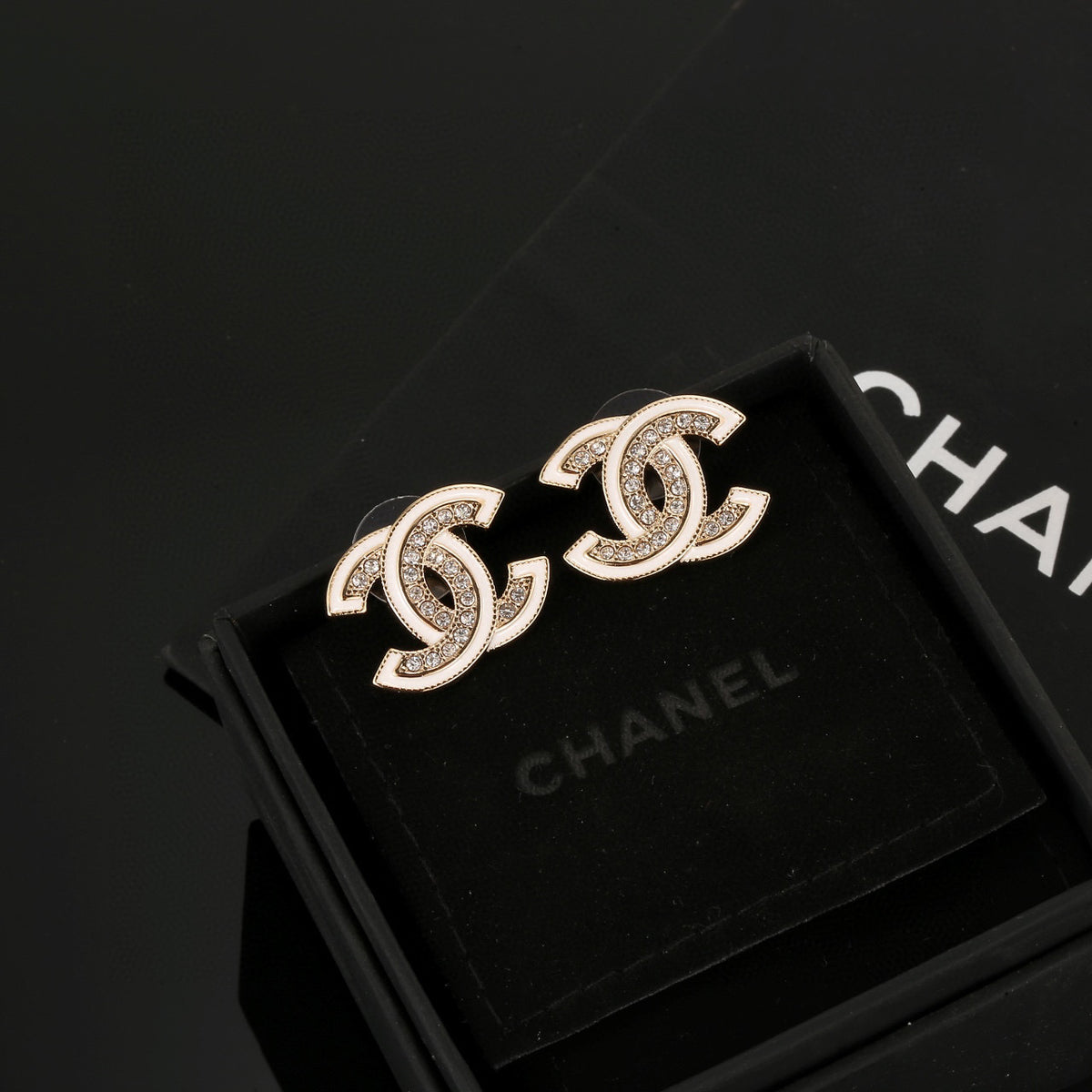 Double-C Emblem Stud Earrings in Polished Metal-Tone – Design 024 main product view