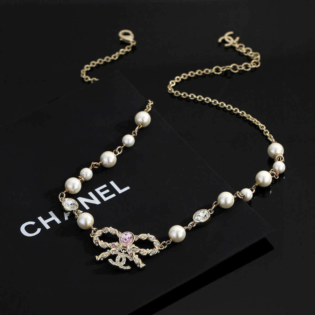 Bow Pearl-Detail Pendant Necklace – Pearl Detail – Design 002 front product view