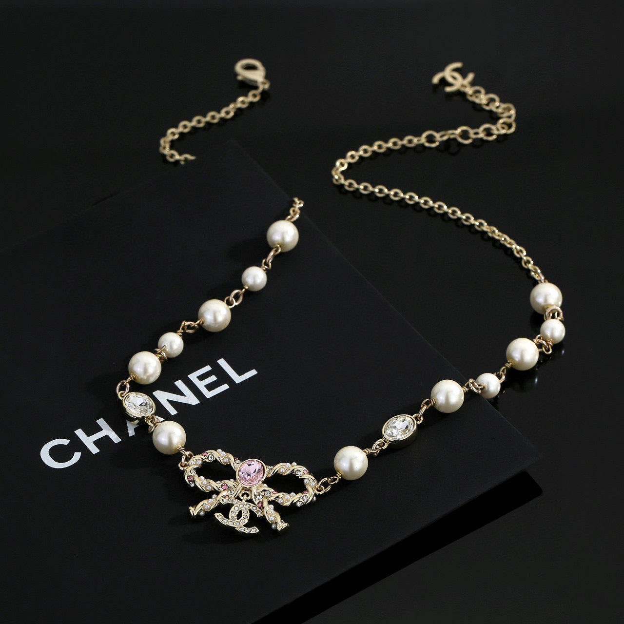 Bow Pearl-Detail Pendant Necklace – Pearl Detail – Design 012 front product view