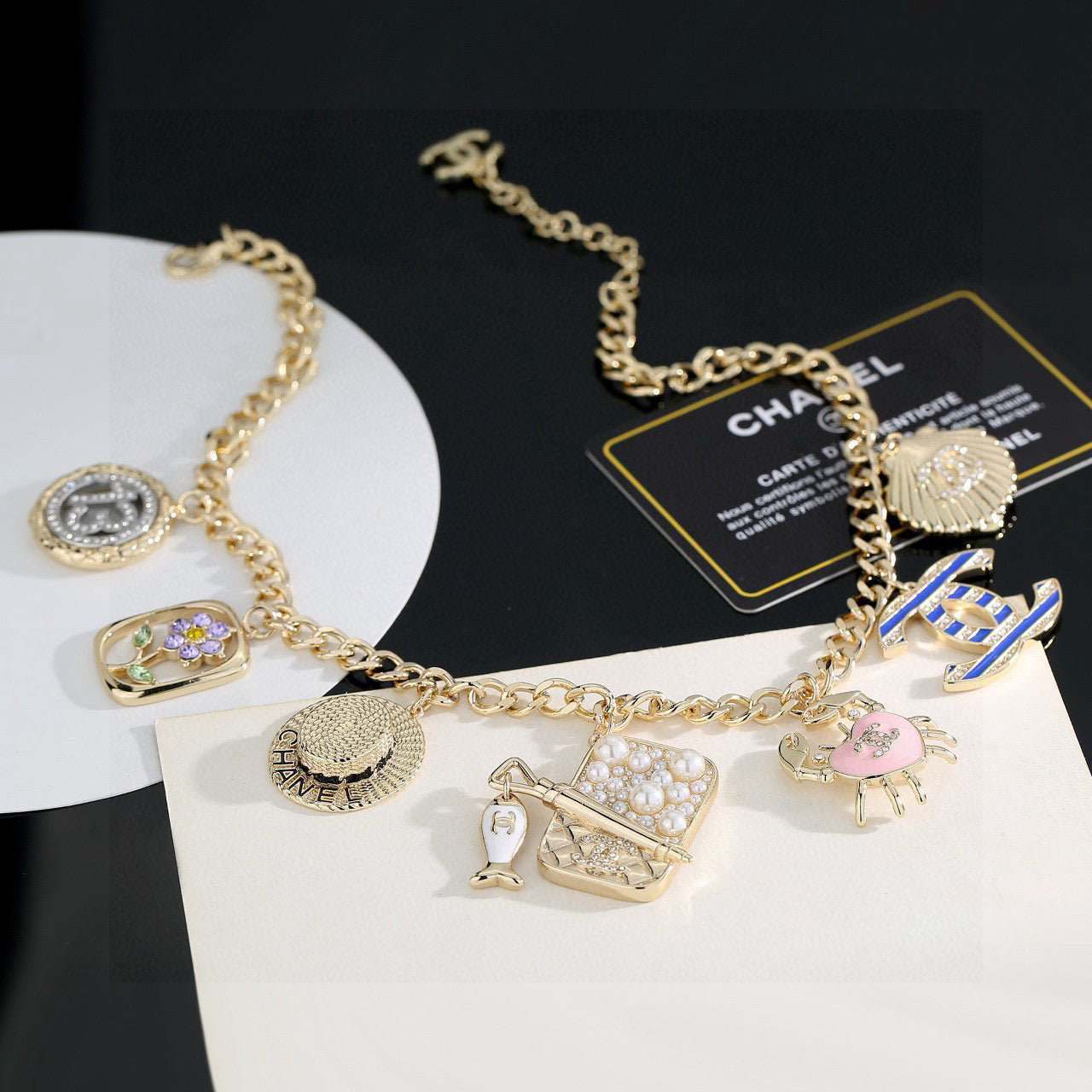 Double-C Emblem Pendant Necklace in Gold-Tone – Shell Detail front product view