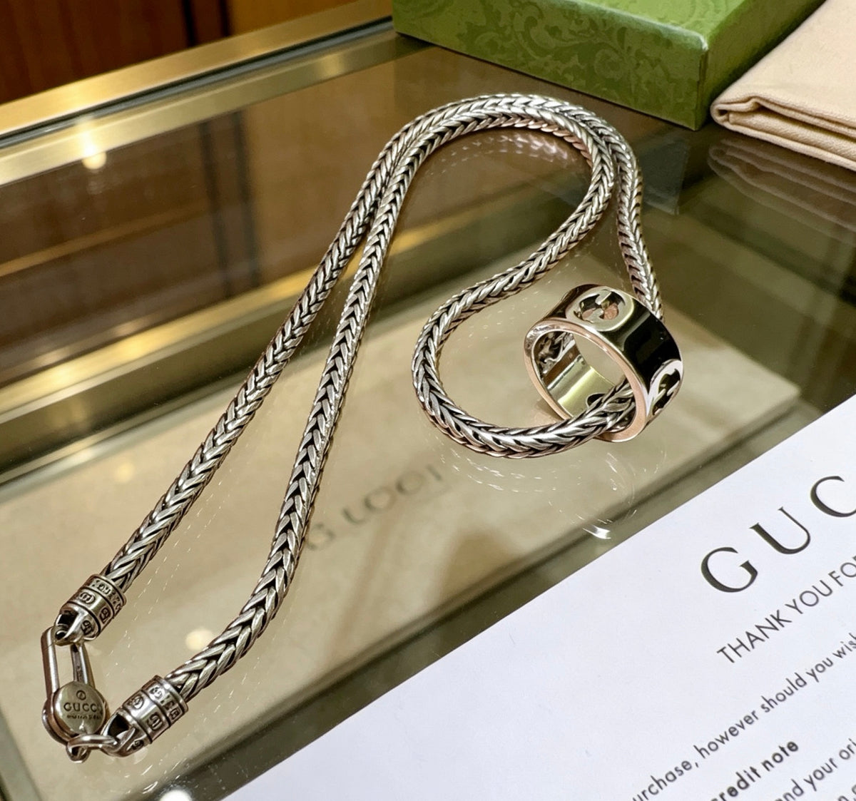 Double-G Emblem Pendant Necklace in Silver-Tone – Vintage Detail – Design 057 close-up detail