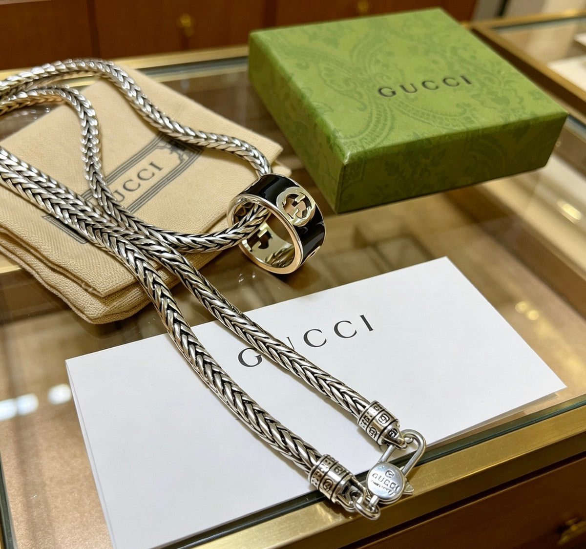Double-G Emblem Pendant Necklace in Silver-Tone – Vintage Detail – Design 057 styled product view