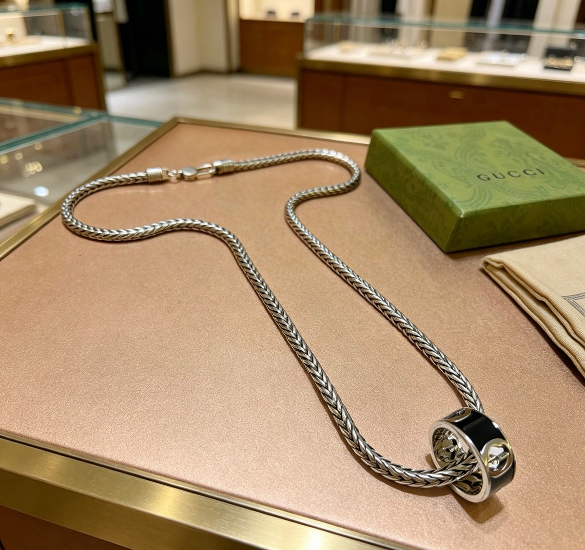 Double-G Emblem Pendant Necklace in Silver-Tone – Vintage Detail – Design 057 front product view