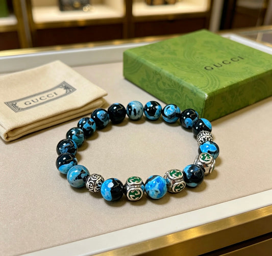 Double-G Emblem Beaded Bracelet in Polished Metal-Tone – Agate Detail – Design 029 main product view