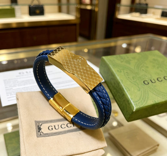 Double-G Emblem Bangle in Polished Metal-Tone – Leather Detail – Design 004 main product view