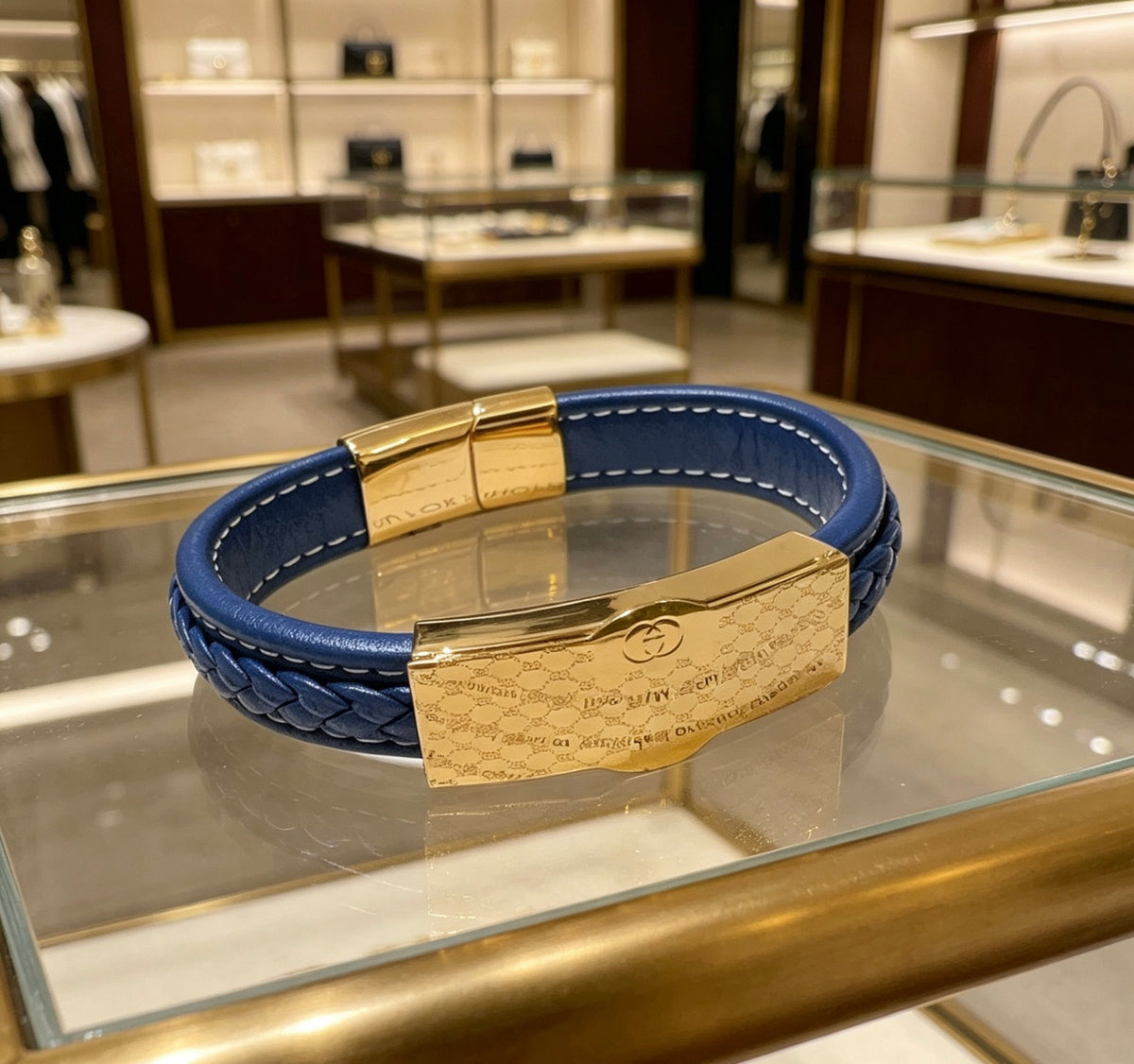 Double-G Emblem Bangle in Polished Metal-Tone – Leather Detail – Design 004 styled product view
