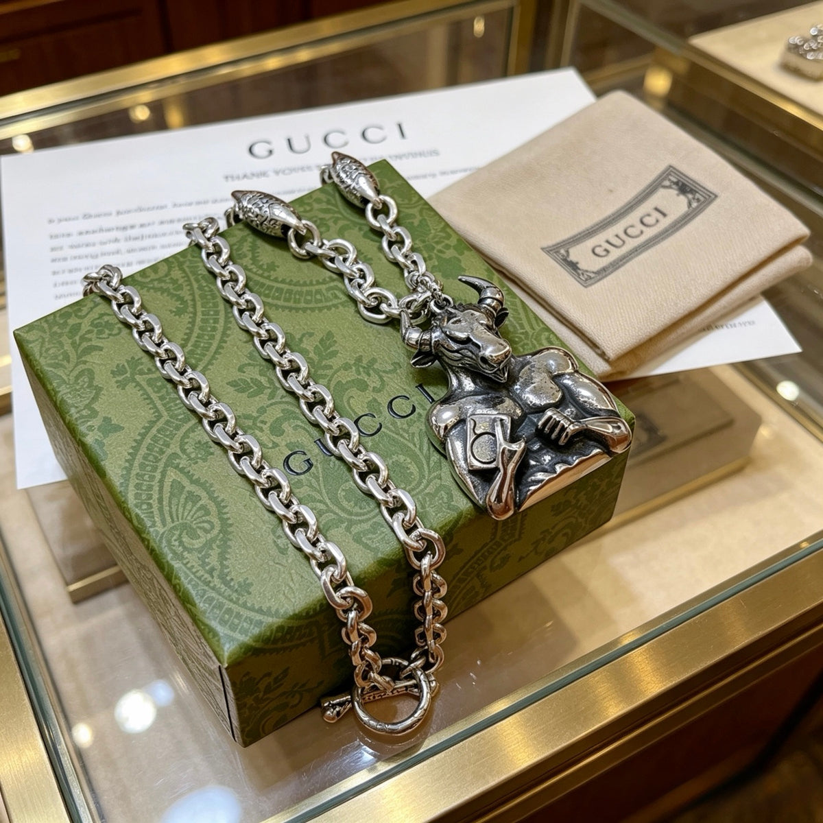 Double-G Emblem Pendant Necklace in Polished Metal-Tone – Vintage Detail – Design 081 styled product view