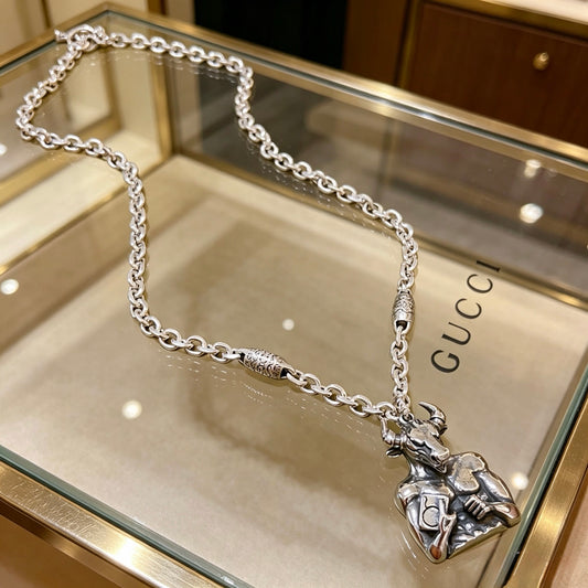 Double-G Emblem Pendant Necklace in Polished Metal-Tone – Vintage Detail – Design 081 main product view