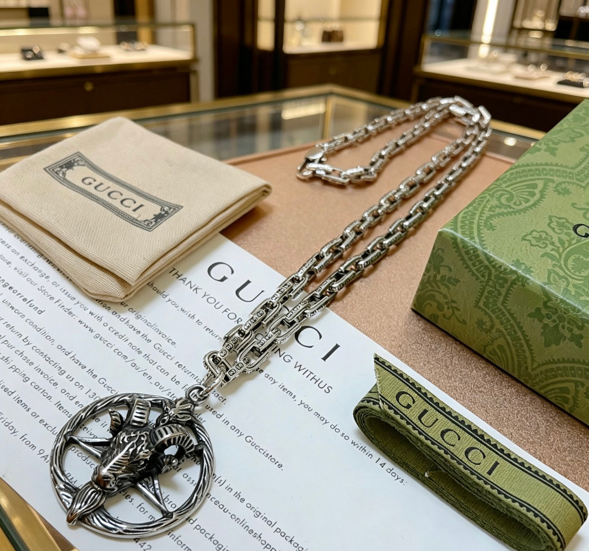 Double-G Emblem Pendant Necklace in Silver-Tone – Vintage Detail – Design 061 styled product view