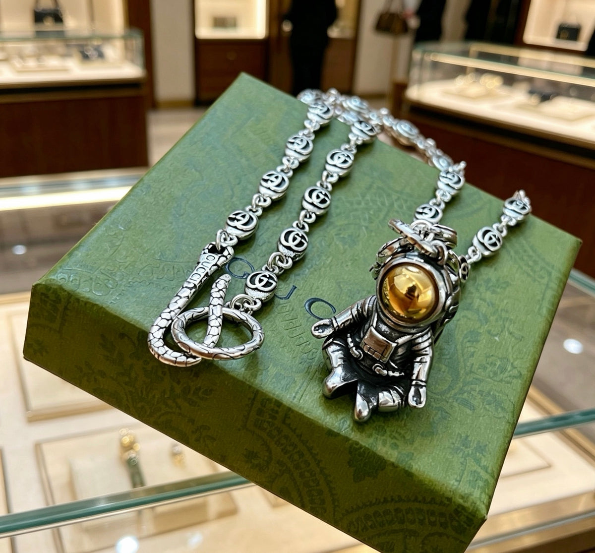Double-G Emblem Pendant Necklace in Polished Metal-Tone – Vintage Detail – Design 080 styled product view