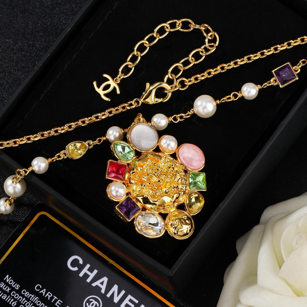 Double-C Emblem Pendant Necklace in Gold-Tone – Design 005 styled product view