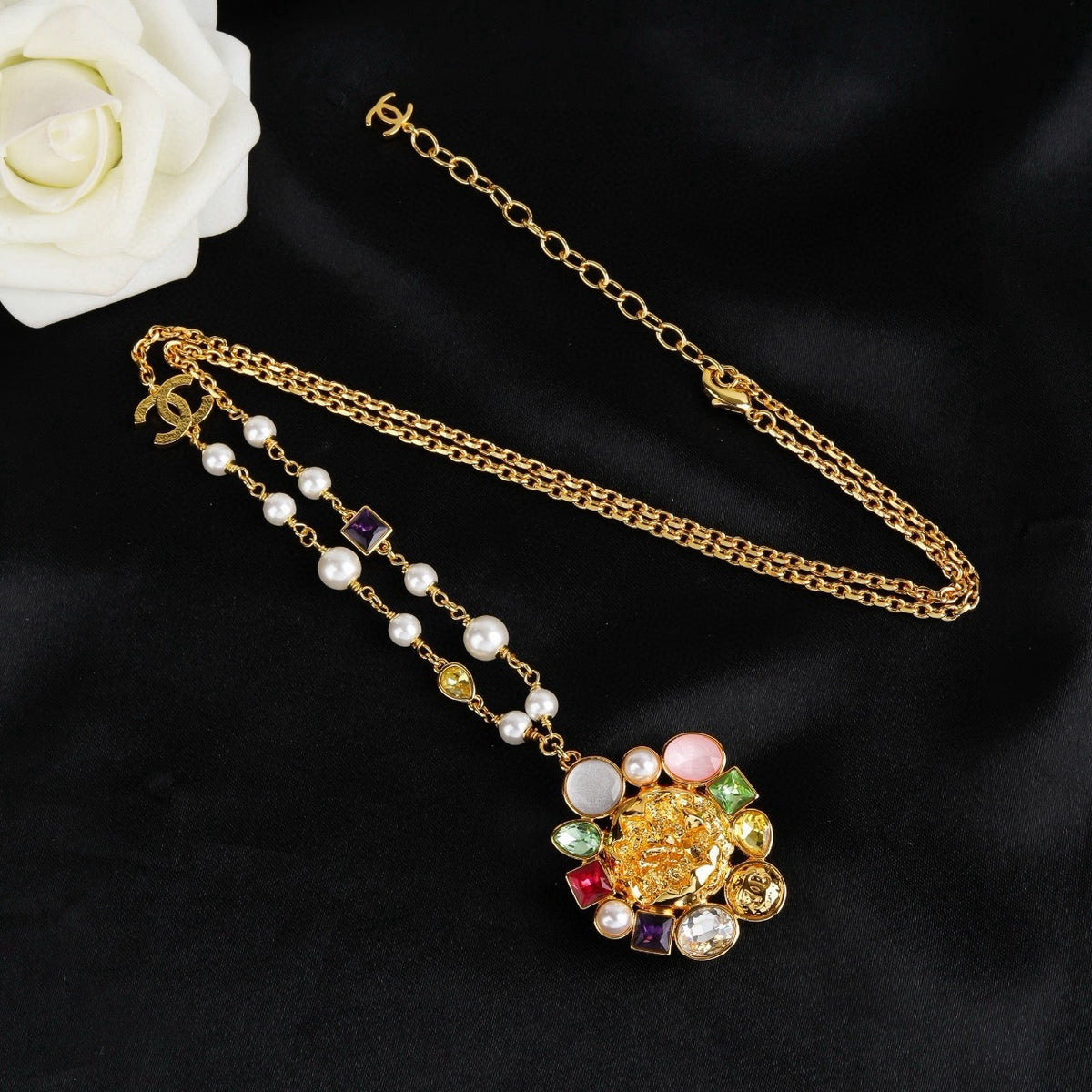 Double-C Emblem Pendant Necklace in Gold-Tone – Design 005 front product view