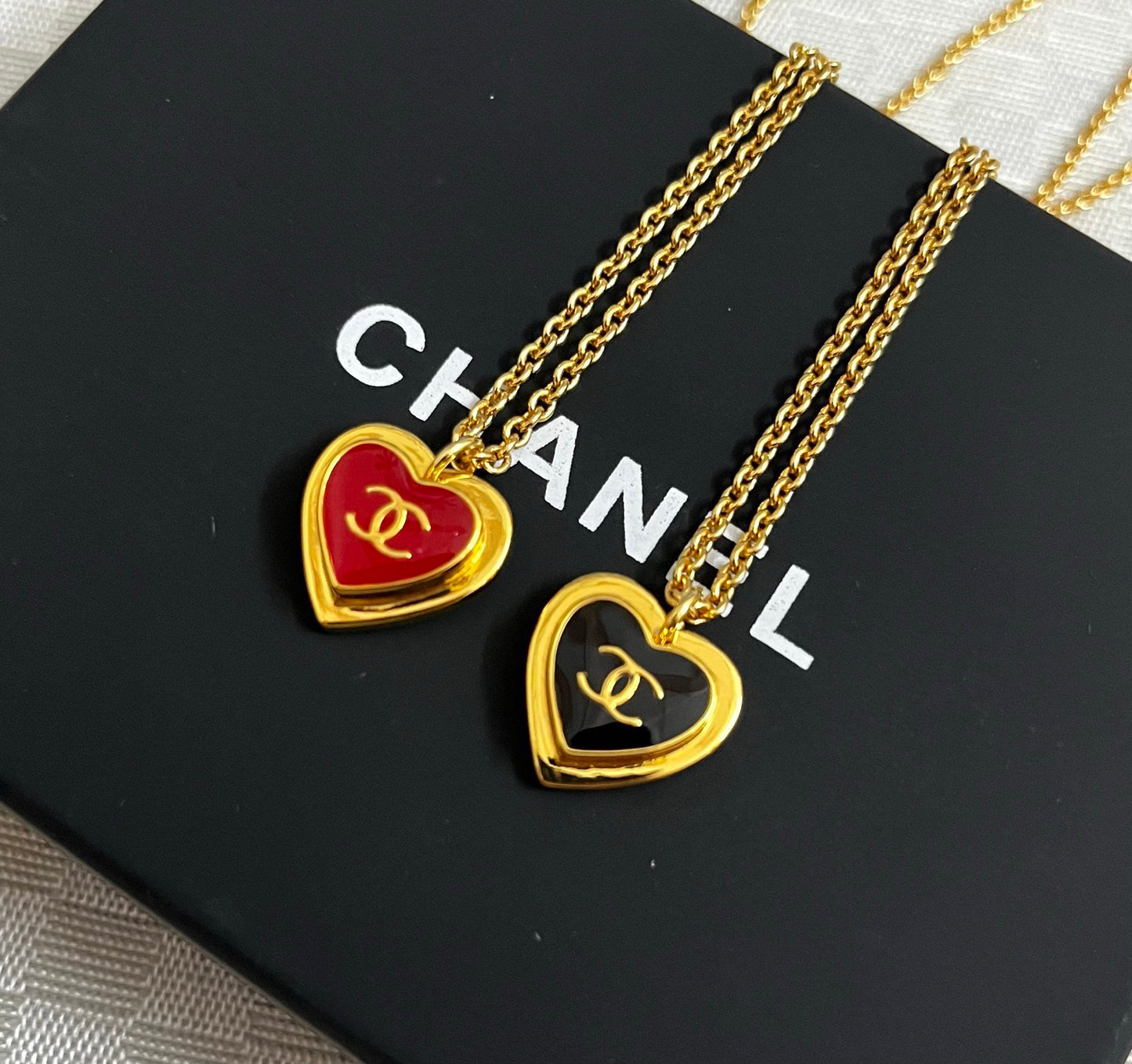 Double-C Emblem Pendant Necklace in Polished Metal-Tone – Design 085 close-up detail