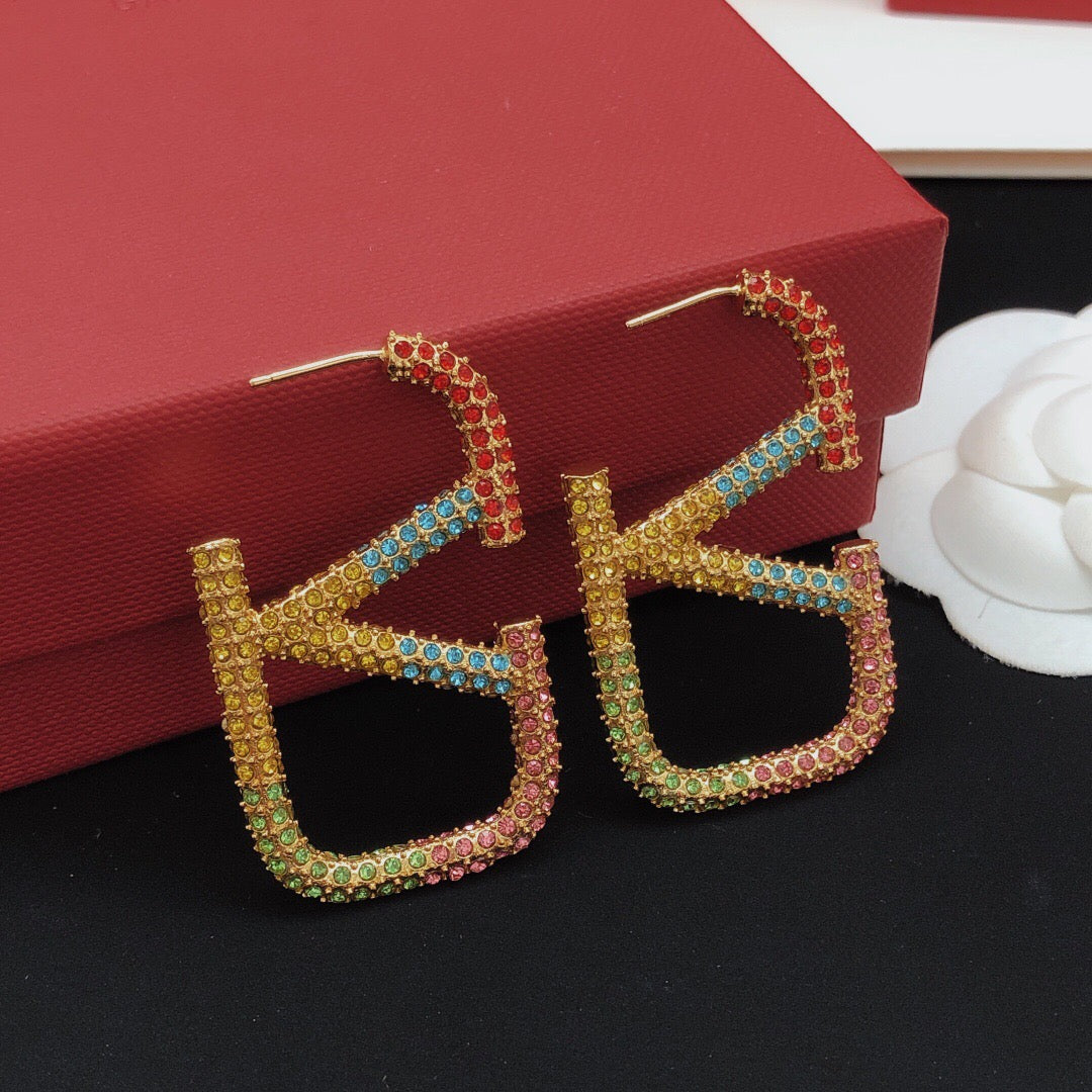 V Emblem Crystal-Accent Statement Earrings – Design 01 main product view