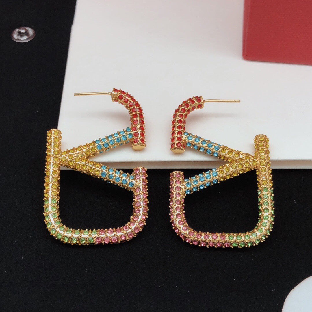 V Emblem Crystal-Accent Statement Earrings – Design 01 detail view
