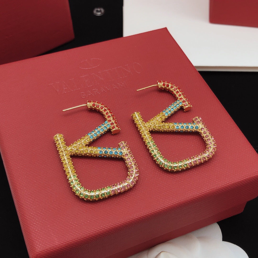 V Emblem Crystal-Accent Statement Earrings – Design 02 front view