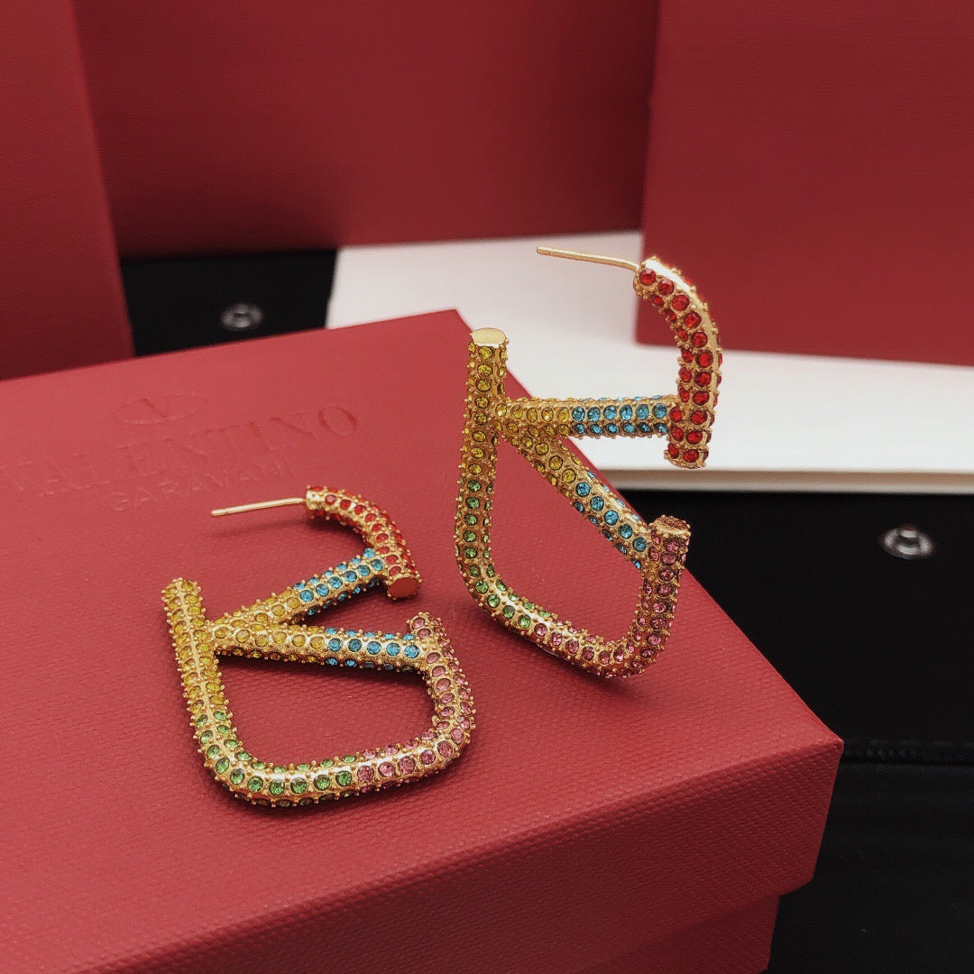 V Emblem Crystal-Accent Statement Earrings – Design 02 close-up view
