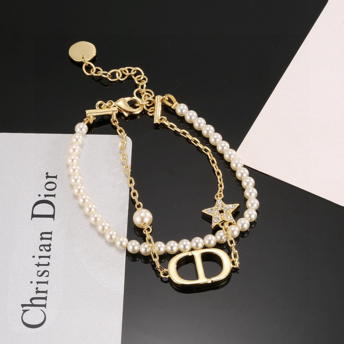 Graphic Letter Motif Pendant Necklace in Gold-Tone with Crystal-Style Accents – Design 006 styled view