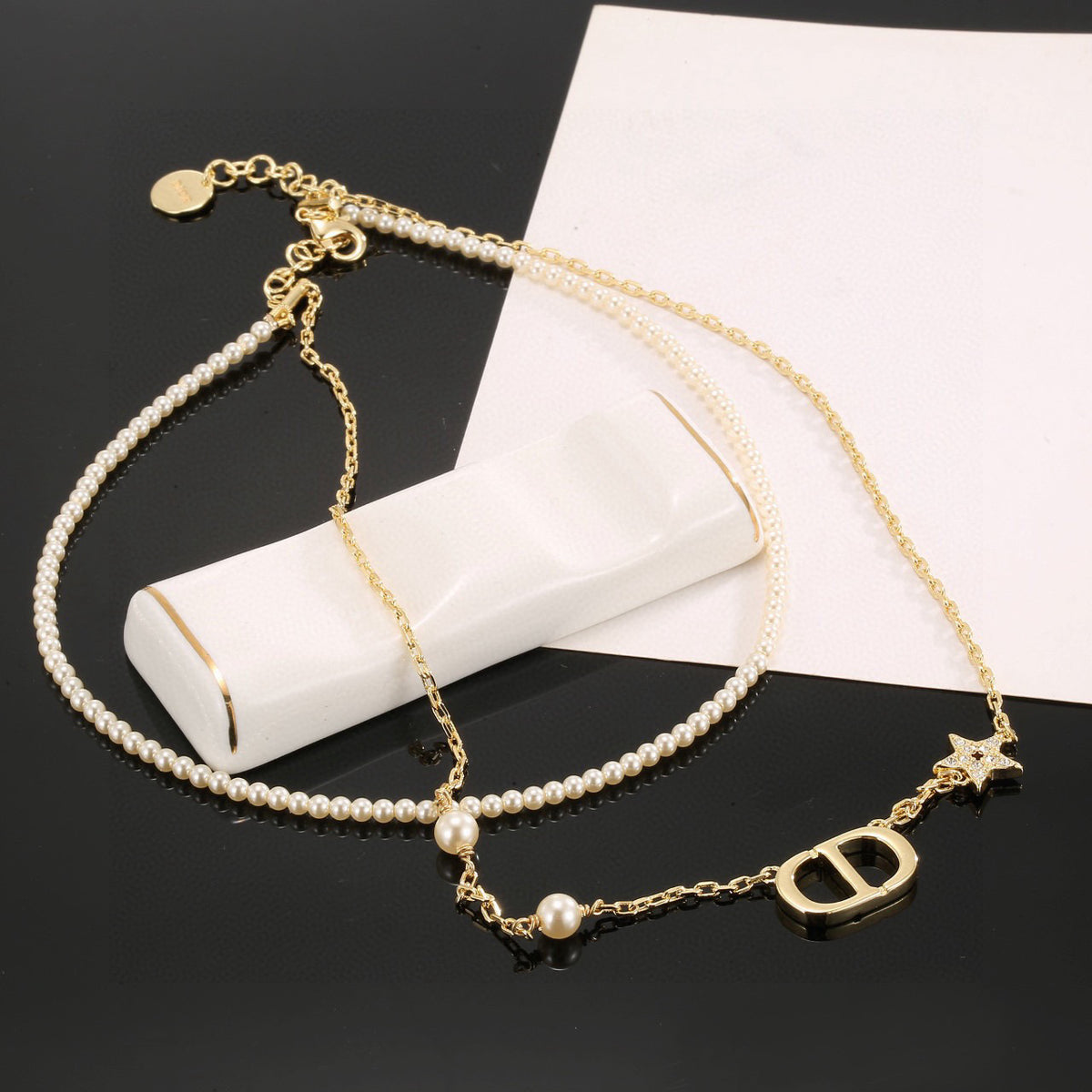 Graphic Letter Motif Pendant Necklace in Gold-Tone with Crystal-Style Accents – Design 007 front view