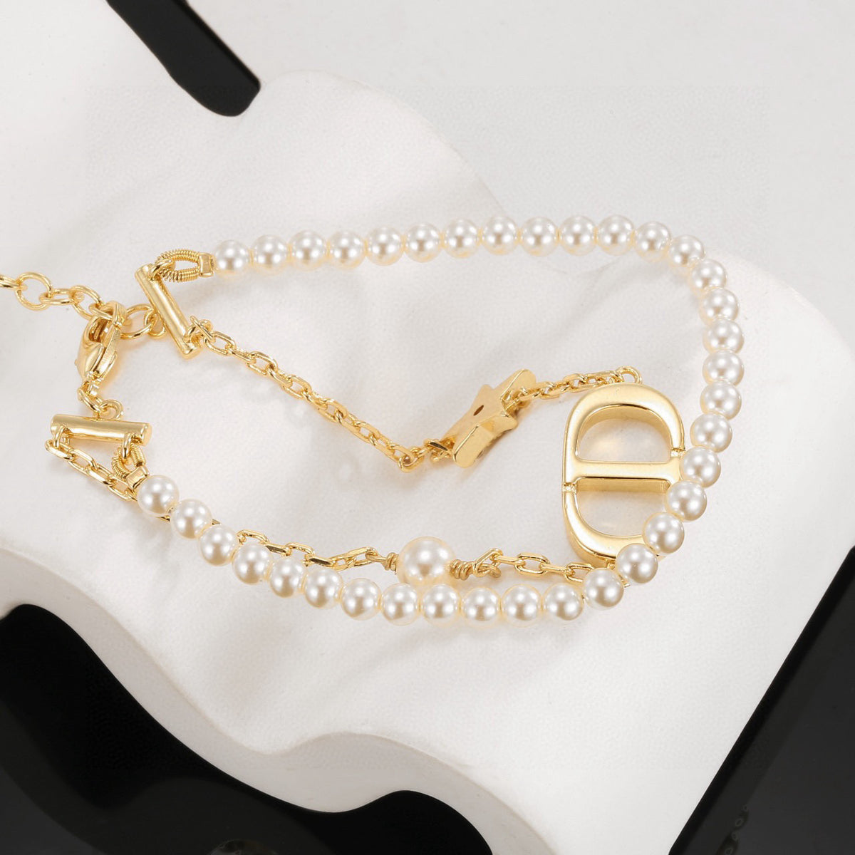 Graphic Letter Motif Pendant Necklace in Gold-Tone with Crystal-Style Accents – Design 006 detail view