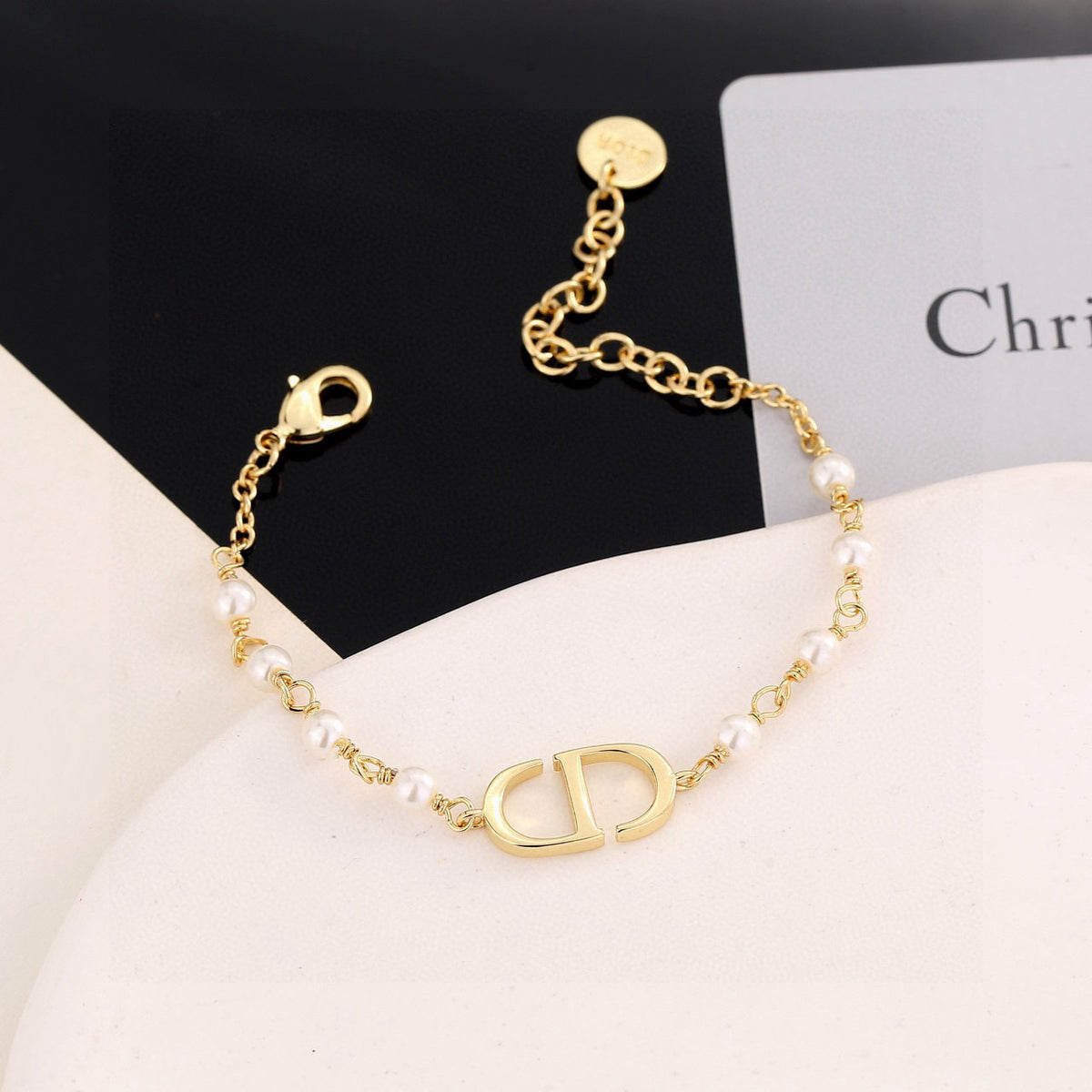 Pearl-Style Motif Statement Bracelet in Polished Metal-Tone with Pearl-Style Detail – Design 011 front view