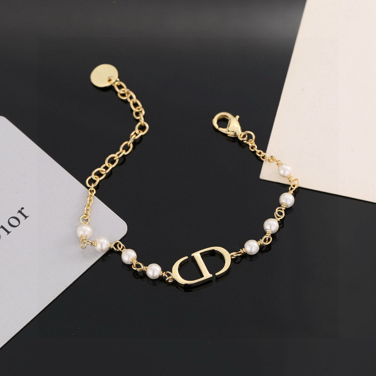 Pearl-Style Motif Statement Bracelet in Polished Metal-Tone with Pearl-Style Detail – Design 012 styled view