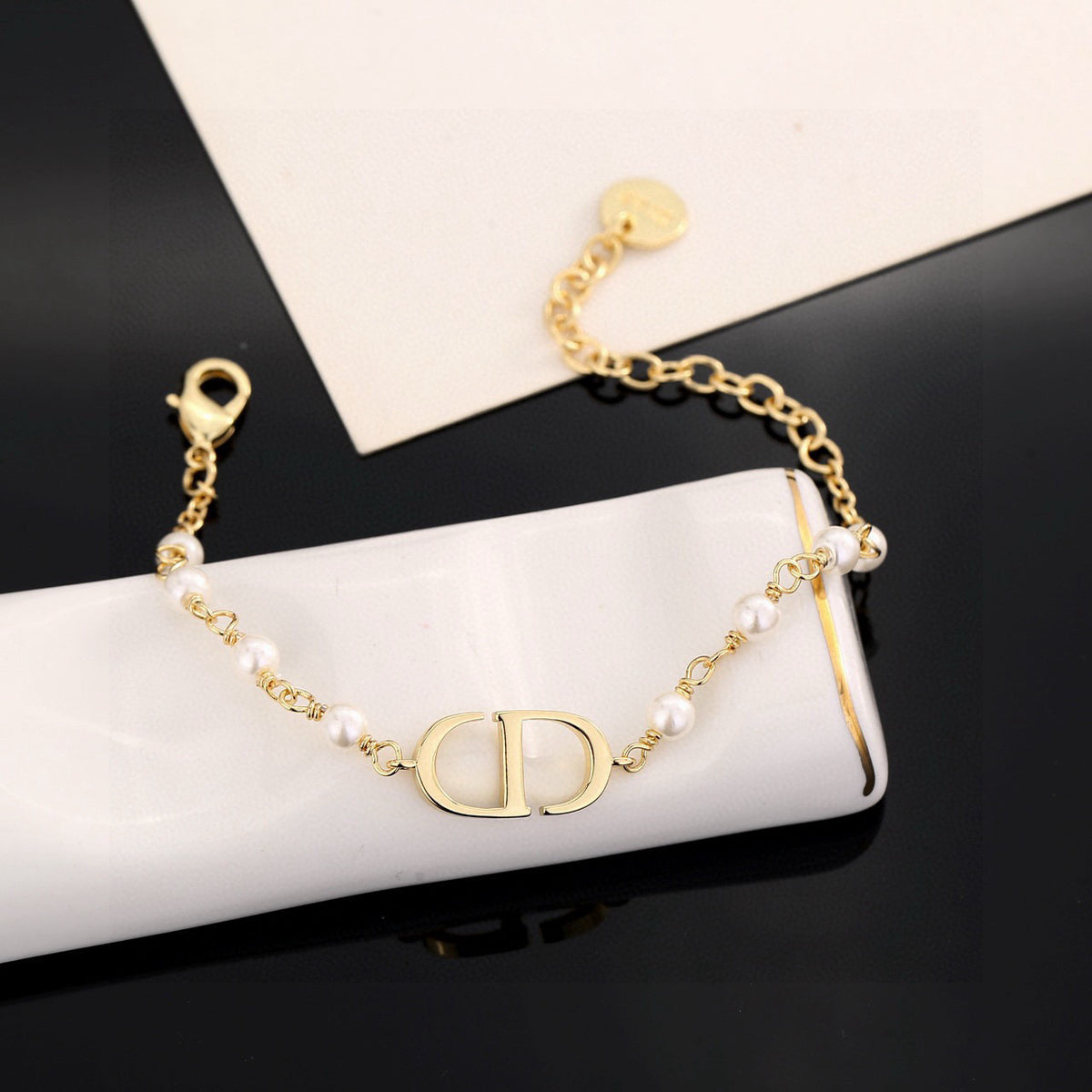 Pearl-Style Motif Statement Bracelet in Polished Metal-Tone with Pearl-Style Detail – Design 011 detail view