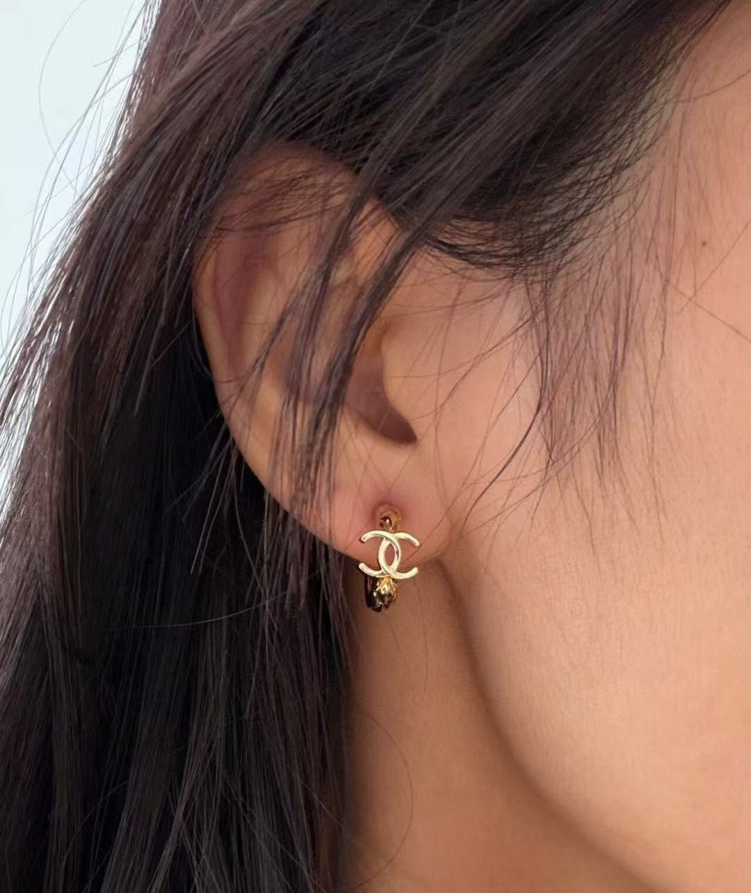 Double-C Emblem Stud Earrings in Gold-Tone – Design 044 front product view