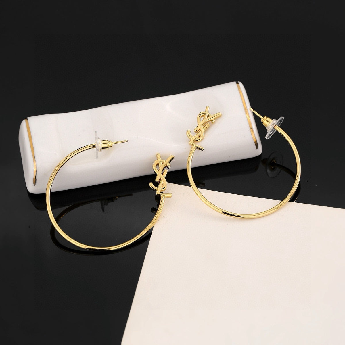Geometric Emblem Stud Earrings in Polished Metal-Tone – Design 002 styled product view