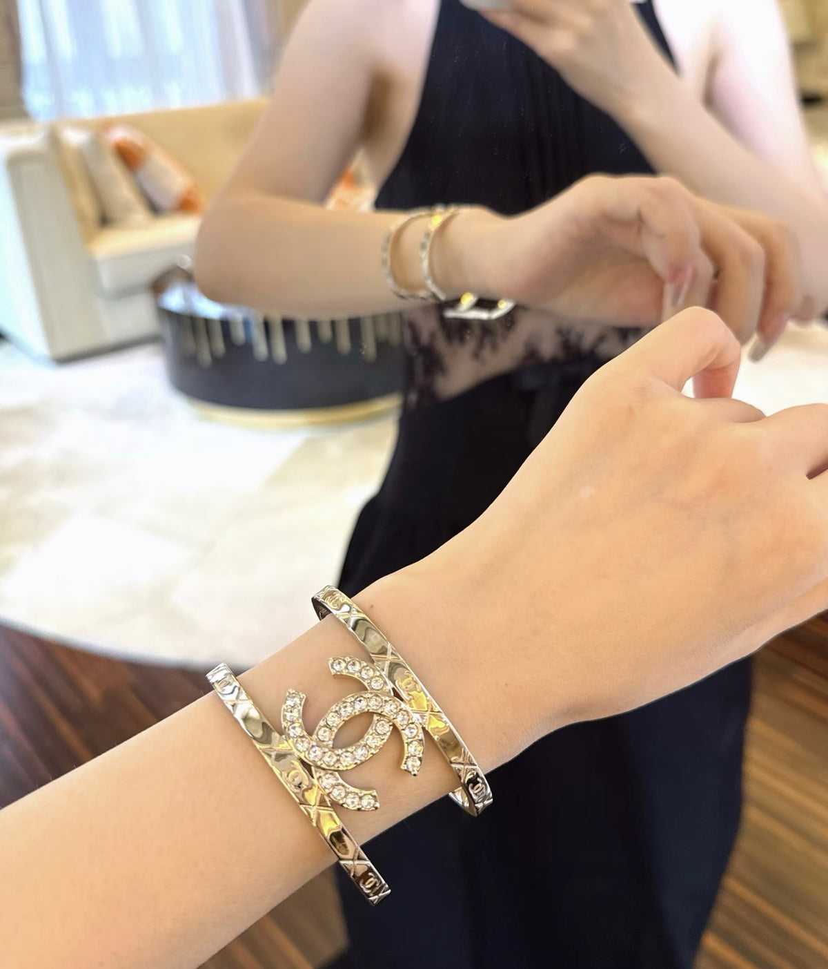 Signature Emblem Bangle in Polished Metal-Tone – Black Detail – Design 009 front product view
