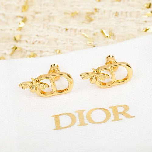 Bee Motif Stud Earrings in Polished Metal-Tone – Design 005 front view
