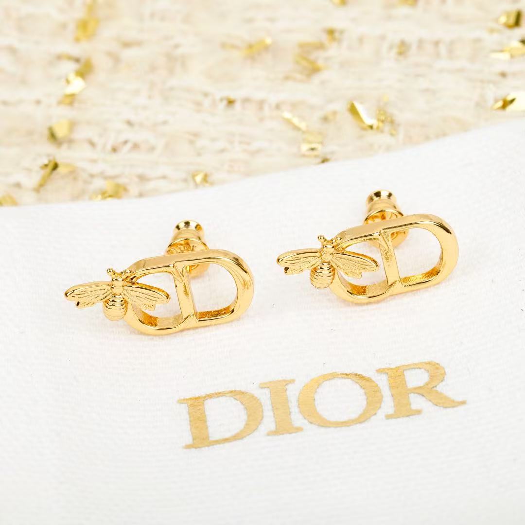 Bee Motif Stud Earrings in Polished Metal-Tone – Design 004 front view