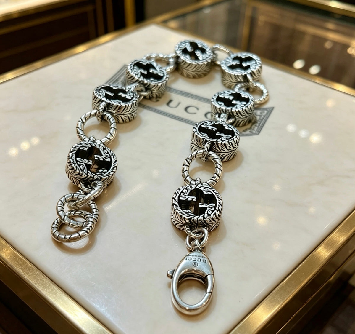 Geometric Emblem Bracelet in Polished Metal-Tone – Design 121 front product view