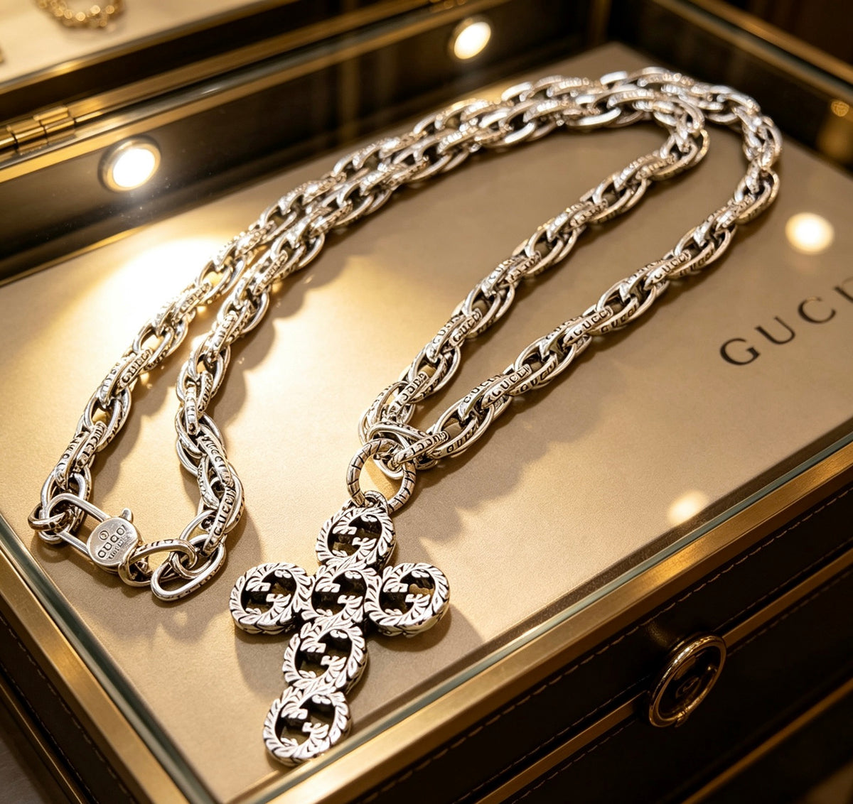 Double-G Emblem Pendant Necklace in Polished Metal-Tone – Vintage Detail – Design 039 front product view
