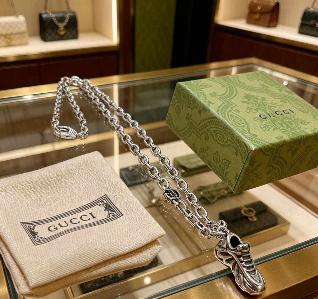 Chain Pendant Necklace in Polished Metal-Tone – Vintage Detail – Design 002 front product view