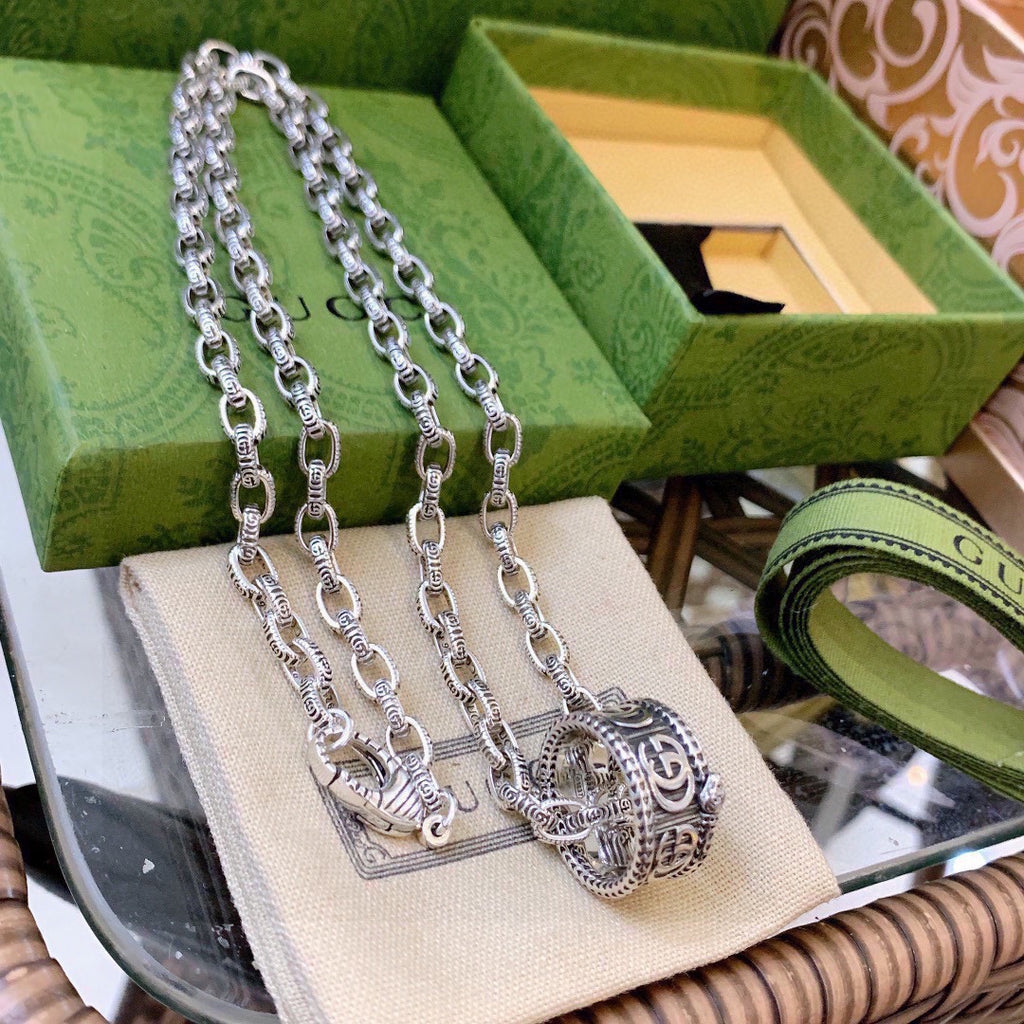 Double-G Emblem Pendant Necklace in Polished Metal-Tone – Design 109 detail view