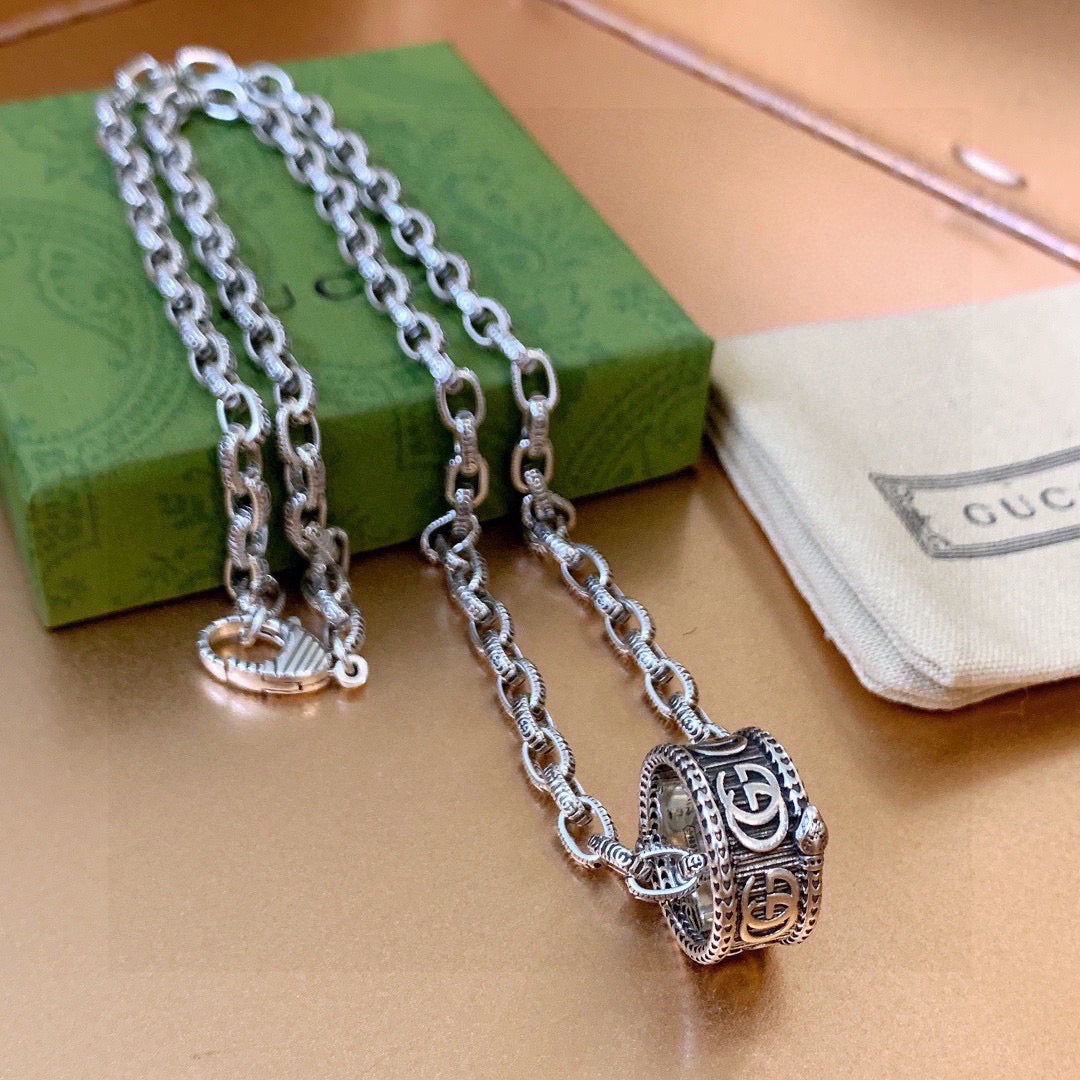 Double-G Emblem Pendant Necklace in Polished Metal-Tone – Design 109 front product view