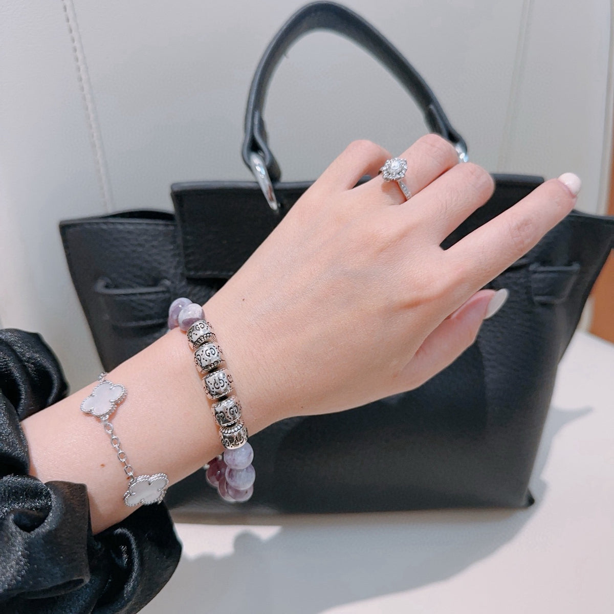 Double-G Emblem Beaded Bracelet in Polished Metal-Tone – Crystal Detail – Design 011 styled product view