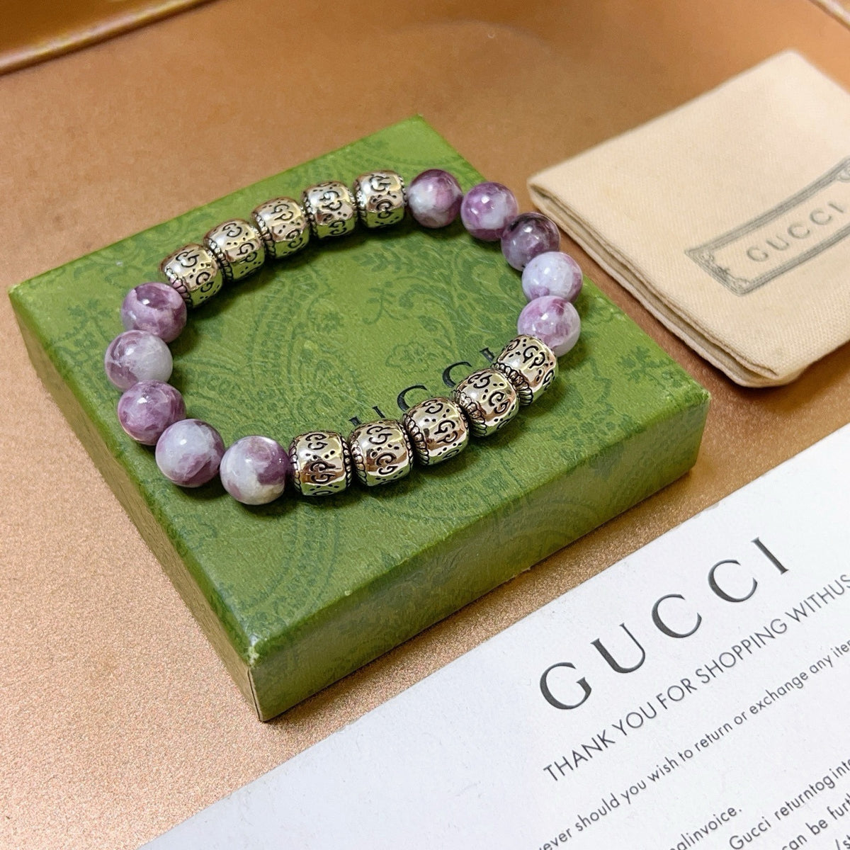 Double-G Emblem Beaded Bracelet in Polished Metal-Tone – Crystal Detail – Design 011 side detail