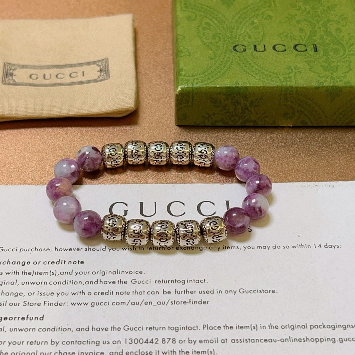 Double-G Emblem Beaded Bracelet in Polished Metal-Tone – Crystal Detail – Design 011 close-up detail