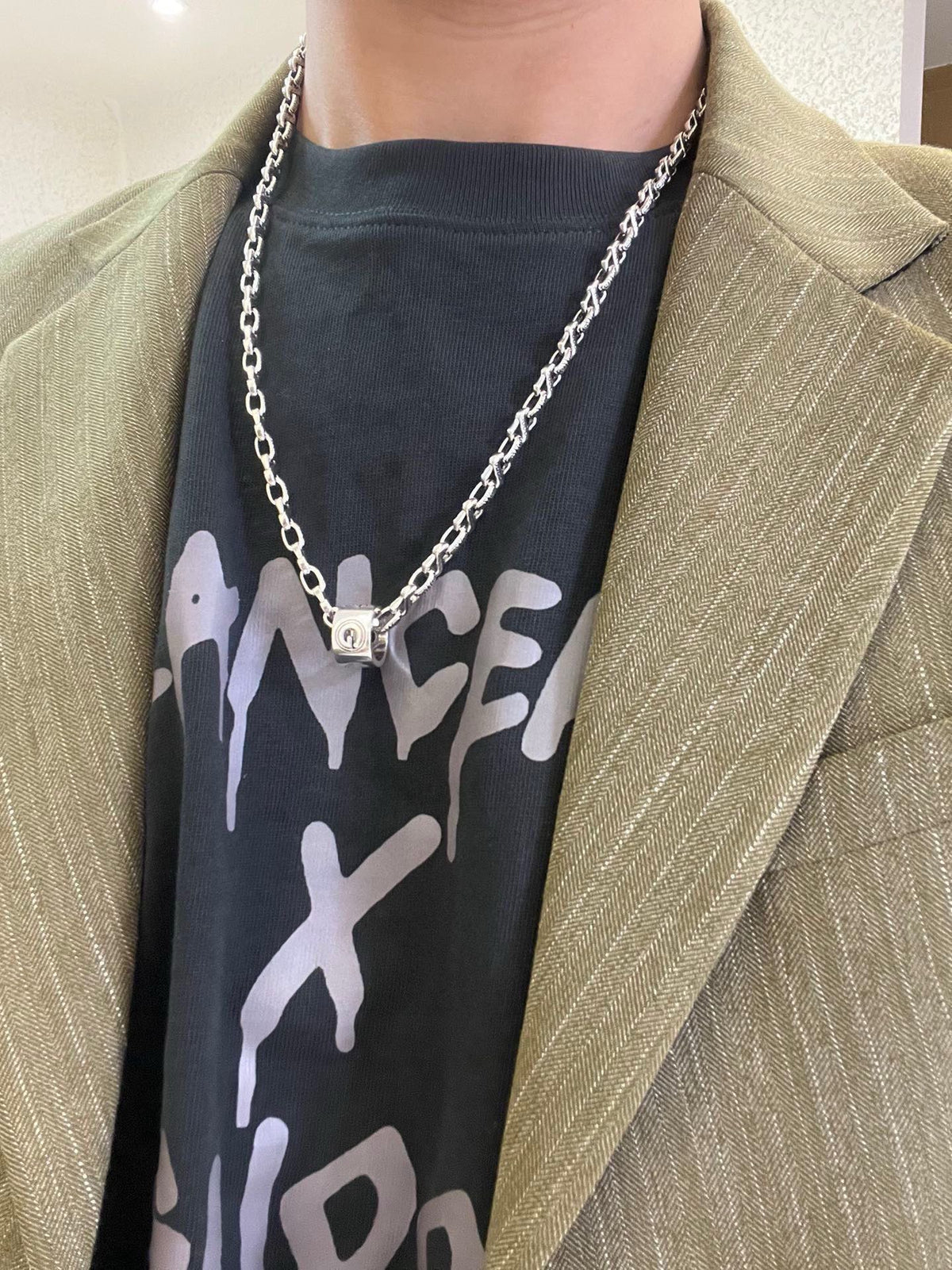 Double-G Emblem Pendant Necklace in Polished Metal-Tone – Vintage Detail – Design 025 styled product view