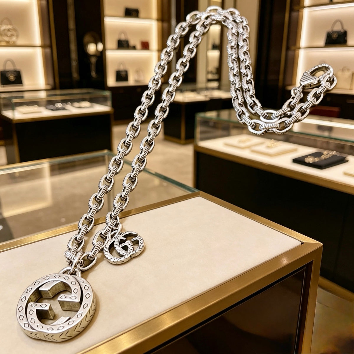 Double-G Emblem Pendant Necklace in Polished Metal-Tone – Vintage Detail – Design 024 side detail
