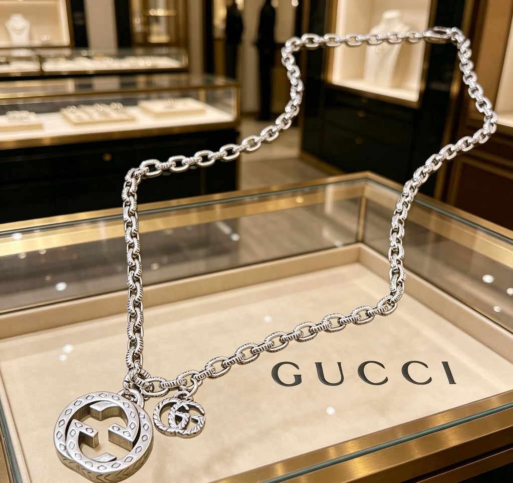 Double-G Emblem Pendant Necklace in Polished Metal-Tone – Vintage Detail – Design 024 main product view
