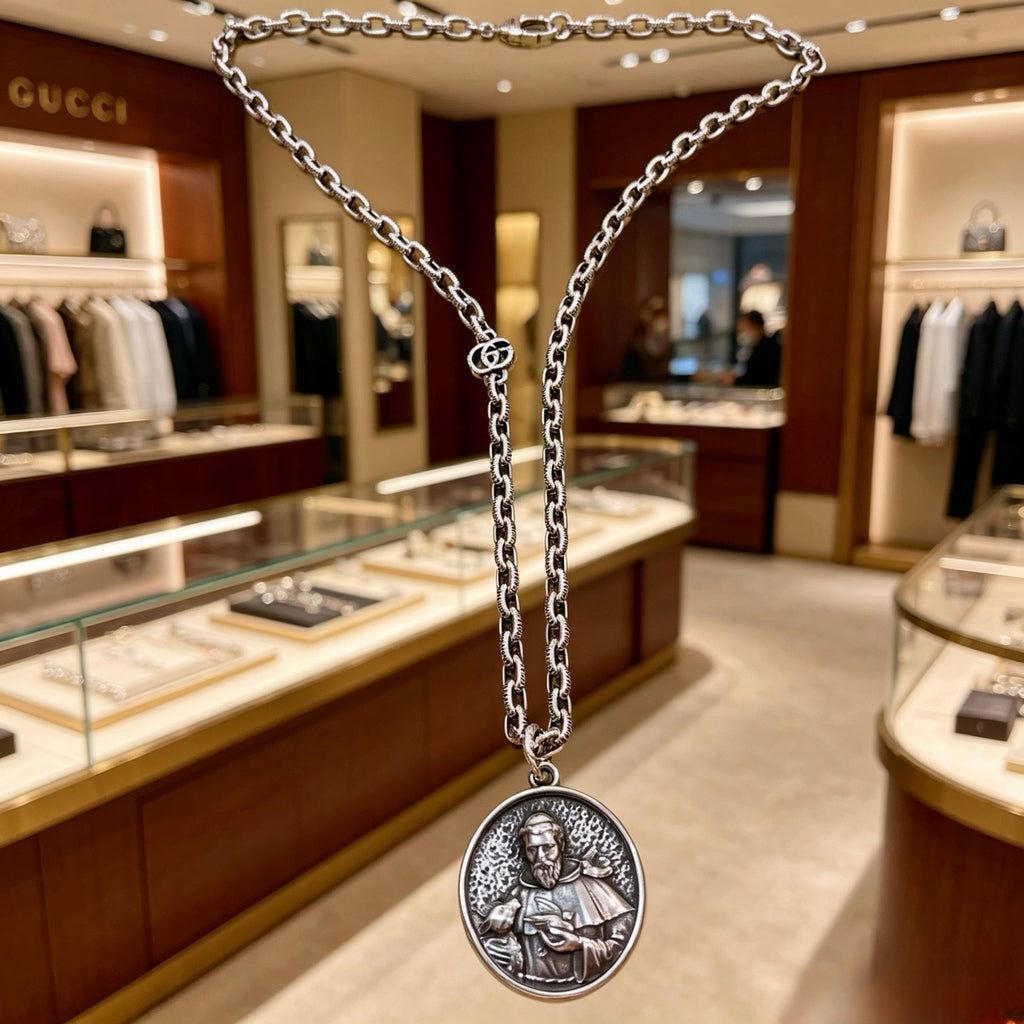 Double-G Emblem Pendant Necklace in Polished Metal-Tone – Design 099 styled product view