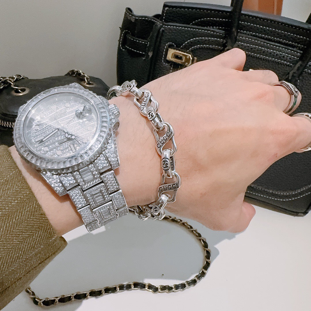 Geometric Emblem Bracelet in Polished Metal-Tone – Design 046 front product view